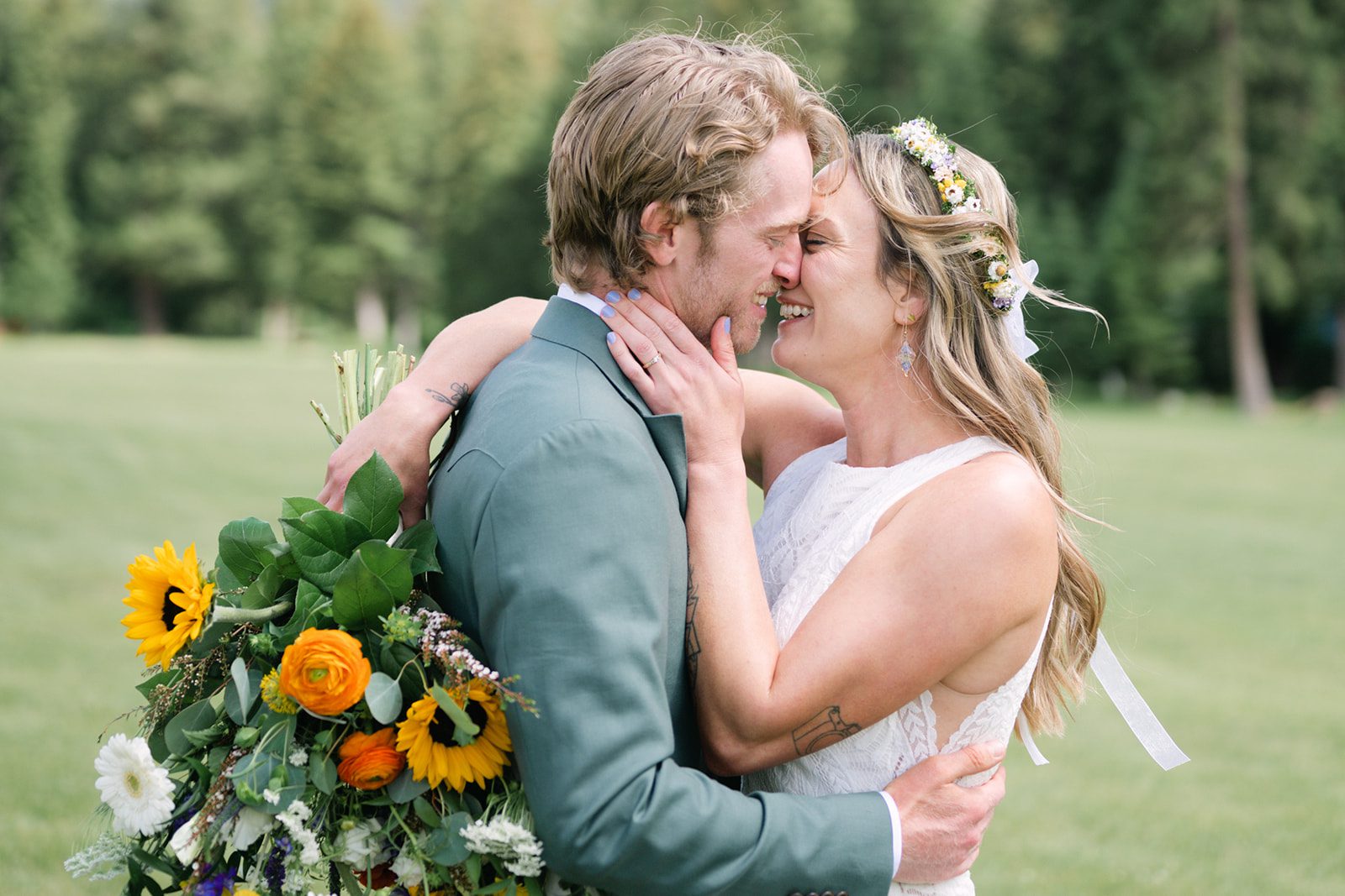 See Katy and Nick’s summer camp wedding in Montana at Luccock Park! Boho wedding style, live band and fun camp-inspired ideas.